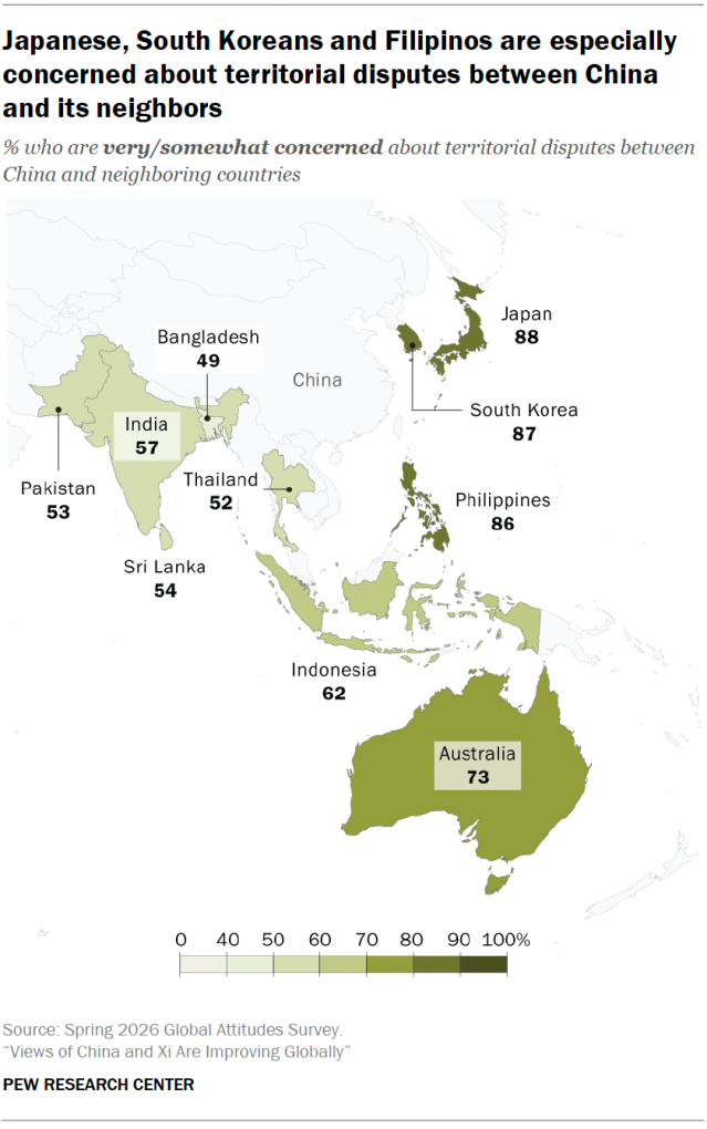 A map showing that Japanese, South Koreans and Filipinos are especially concerned about territorial disputes between China and its neighbors.