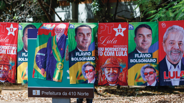 Towels for sale showing Brazilian presidential candidates Luiz Inacio Lula da Silva and Flavio Bolsonaro in a residential area of Brasília on Sept. 11, 2026. (Sergio Lima/AFP via Getty Images)