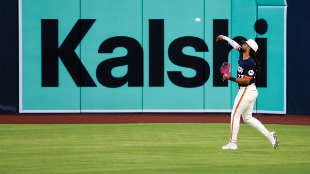 San Diego Padres player Fernando Tatís Jr. throws a baseball in front of a Kalshi ad on Sept. 4, 2026, at Petco Park in San Diego. (Meg McLaughlin/The San Diego Union-Tribune via Getty Images)