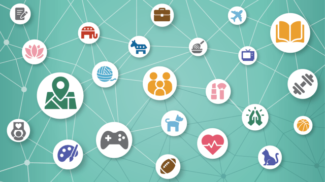 An illustration of icons related to online communities connected in a network