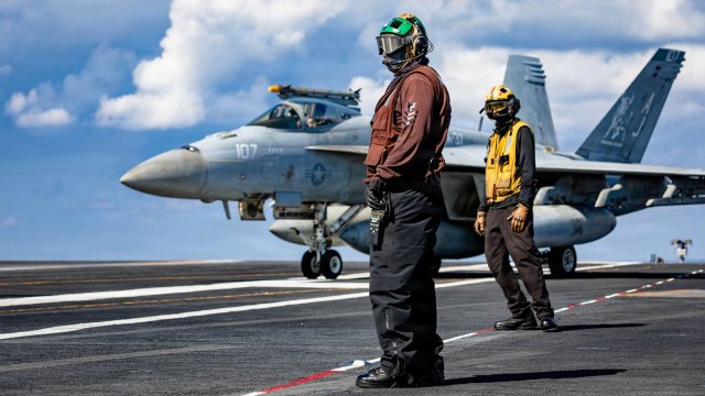 Photo showing Flight deck operations on board the aircraft carrier USS Gerald R. Ford on March 2, 2026, in the Mediterranean Sea. (U.S. Navy photo via Getty Images)