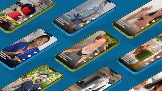 Image depicts multiple phone screens, each with health influencer content