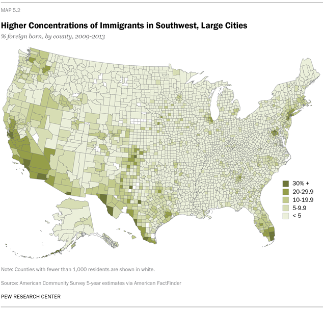 Higher Concentrations of Immigrants in Southwest, Large Citiies