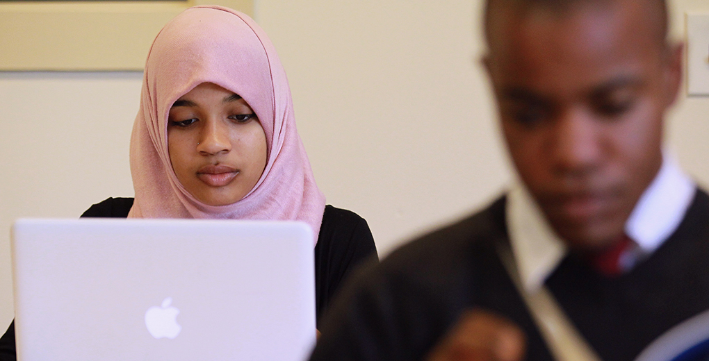 BERKELEY, CA - AUGUST 30: Naeemah Gilchrist (L) works on her computer between classes at Zaytuna College August 30, 2010 in Berkeley, California. Zaytuna College opened its doors on August 24th and hopes to become the first accredited four-year Islamic college in the United States. The school was founded by three Muslim-American scholars and offers degrees in Islamic law, theology and Arabic languages. Fifteen students are enrolled in the inaugural class and the school hopes to increase that number to 2,200 within ten years. (Photo by Justin Sullivan/Getty Images)