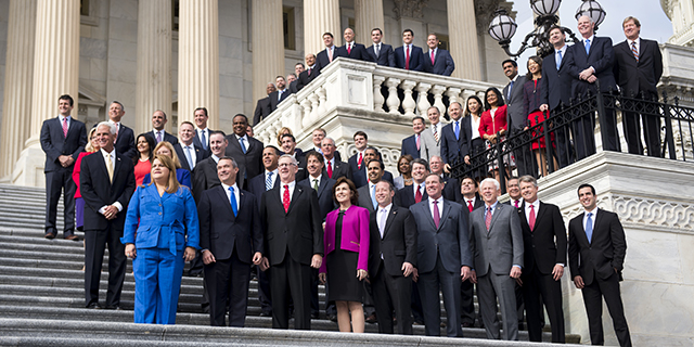 UNITED STATES - NOVEMBER 15: The freshman class of the 115th Congress poses for their group photo on the House steps of the U.S. Capitol during orientation week in Washington on Tuesday, Nov. 15, 2016. (Photo By Bill Clark/CQ Roll Call)