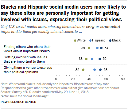 Blacks and Hispanic social media users more likely to say these sites are personally important for getting involved with issues, expressing their political views